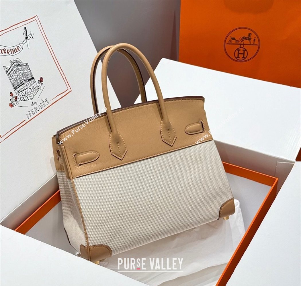 Hermes Birkin 30cm Bag in Canvas and Swift Calfskin with Gold Hardware Milk Tea Beige 2025 (Half Handmade) (FL-250701075)