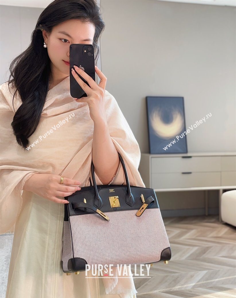Hermes Birkin 30cm Bag in Waffle Pattern Canvas and Swift Calfskin with Gold Hardware Black/Pale Pink 2025 (Half Handmade) (FL-2