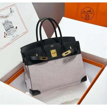 Hermes Birkin 30cm Bag in Waffle Pattern Canvas and Swift Calfskin with Gold Hardware Black/Pale Pink 2025 (Half Handmade) (FL-2