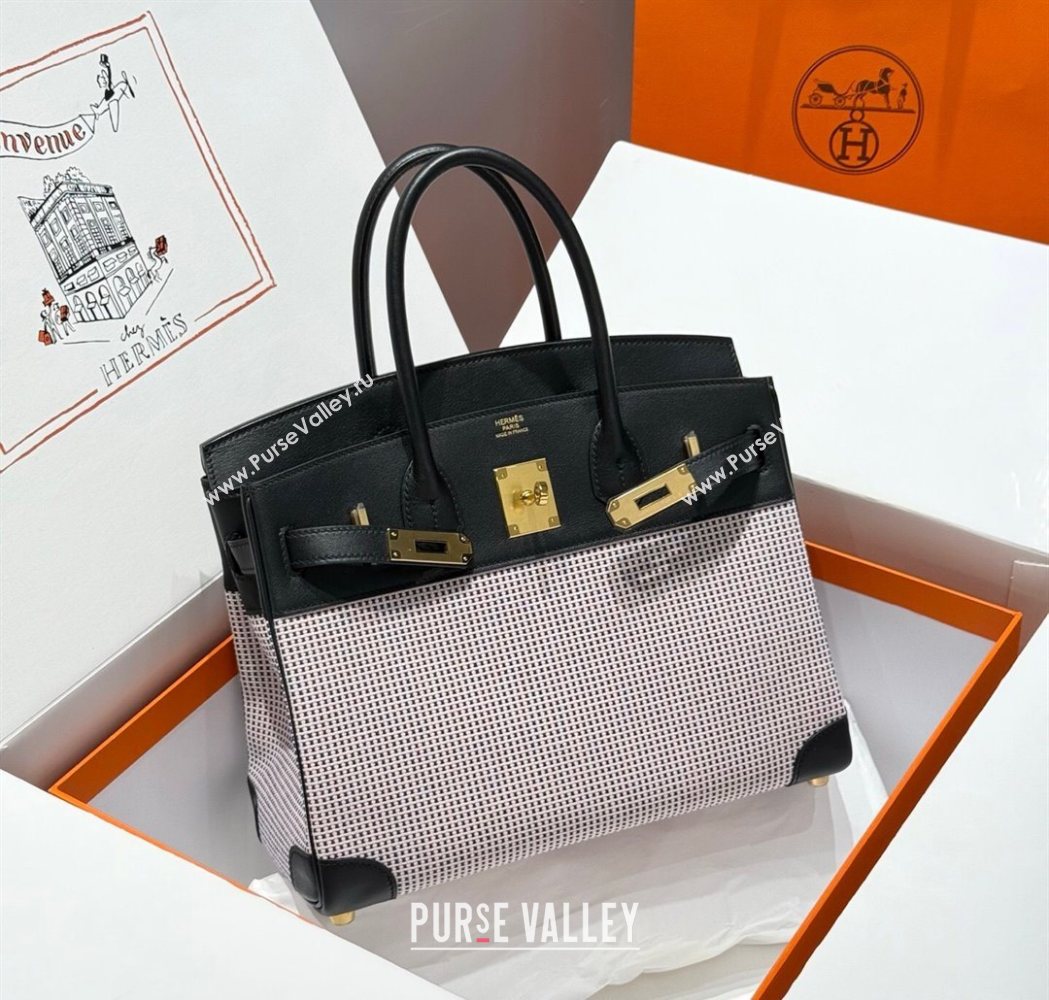 Hermes Birkin 30cm Bag in Waffle Pattern Canvas and Swift Calfskin with Gold Hardware Black/Pale Pink 2025 (Half Handmade) (FL-2
