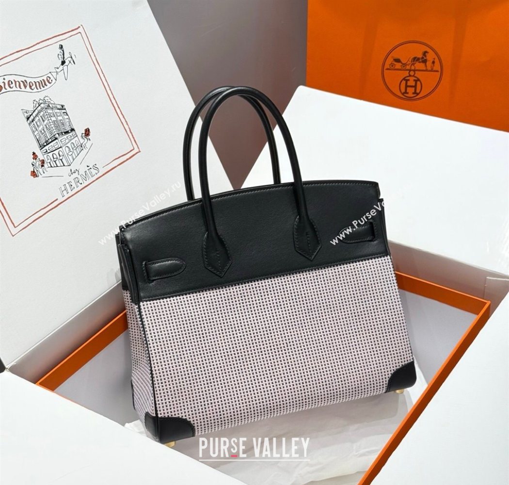 Hermes Birkin 30cm Bag in Waffle Pattern Canvas and Swift Calfskin with Gold Hardware Black/Pale Pink 2025 (Half Handmade) (FL-2