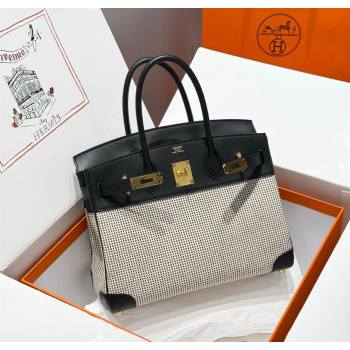 Hermes Birkin 30cm Bag in Waffle Pattern Canvas and Swift Calfskin with Gold Hardware Black/White 2025 (Half Handmade) (FL-25070