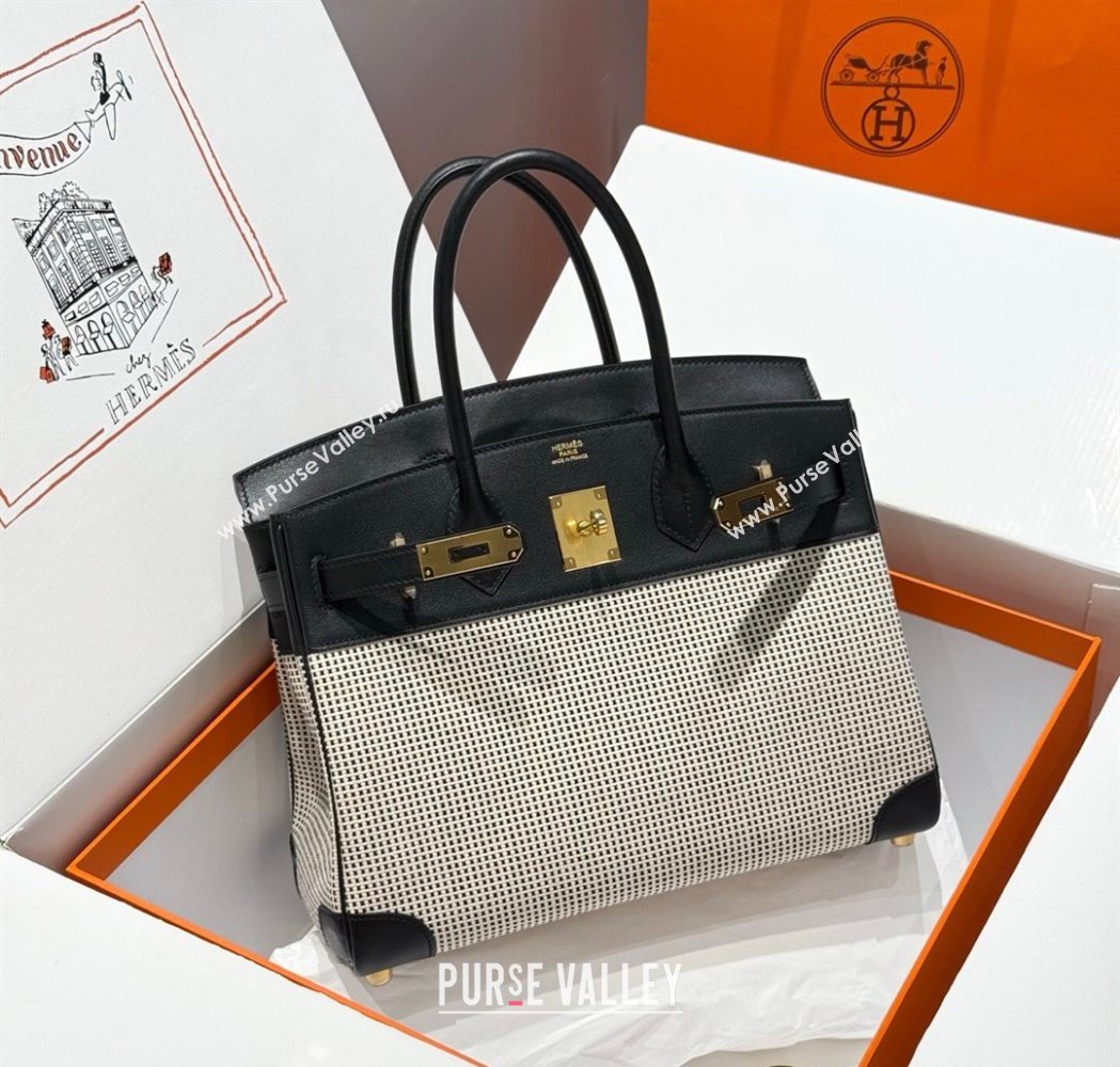 Hermes Birkin 30cm Bag in Waffle Pattern Canvas and Swift Calfskin with Gold Hardware Black/White 2025 (Half Handmade) (FL-25070