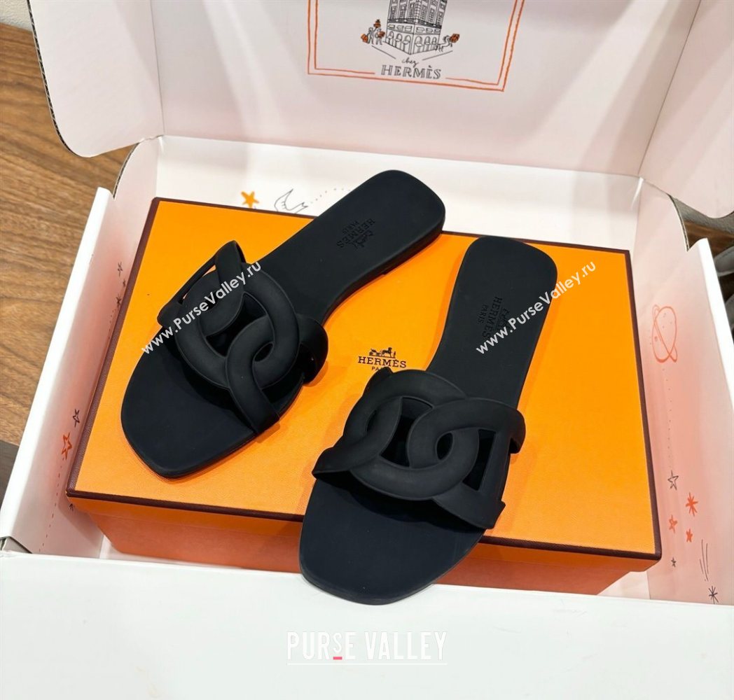 Hermes Chaine dAncre Rubber Flat Thong Slides Sandal Black 2025 H070803 (XC-250708029)