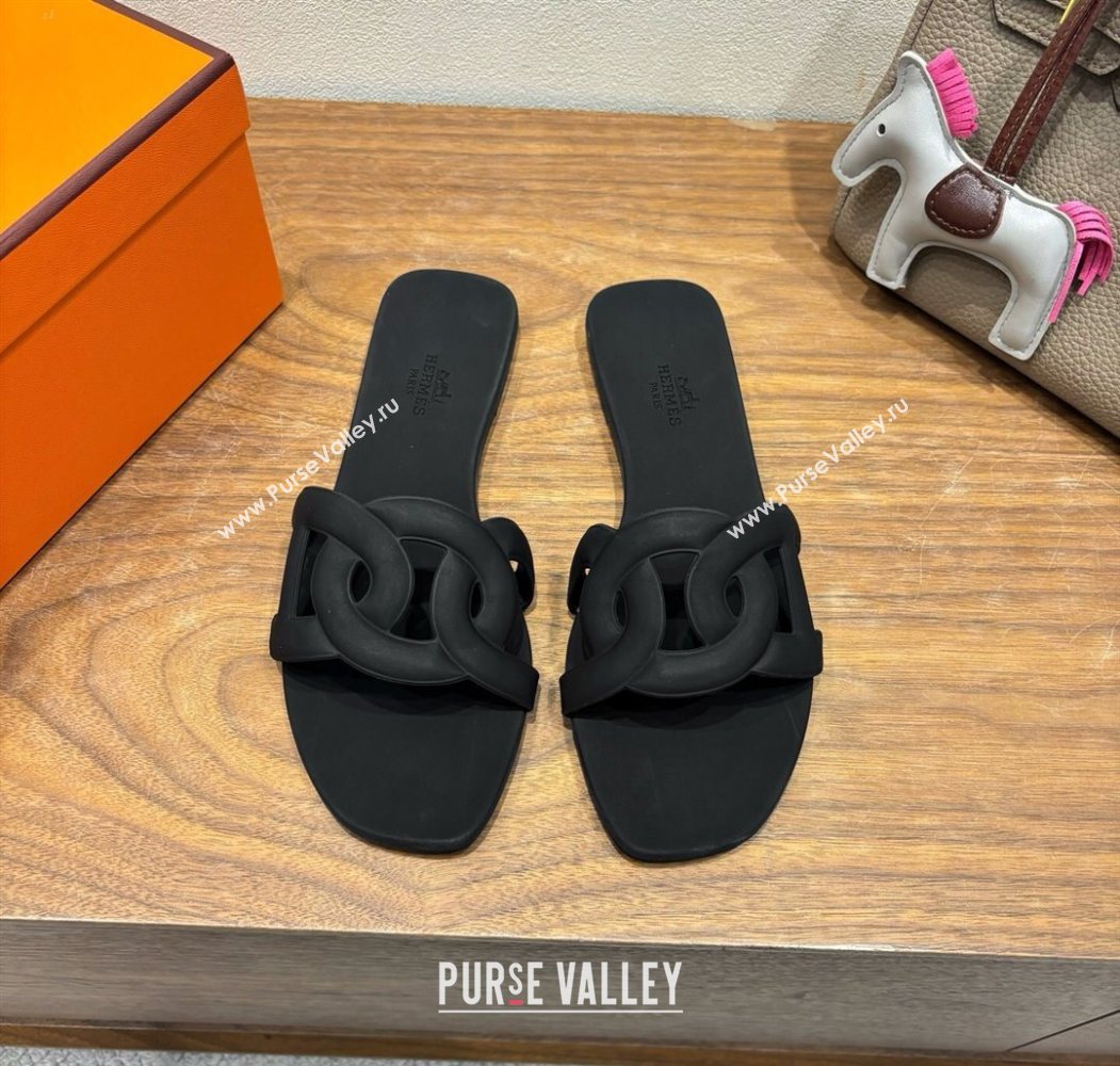 Hermes Chaine dAncre Rubber Flat Thong Slides Sandal Black 2025 H070803 (XC-250708029)