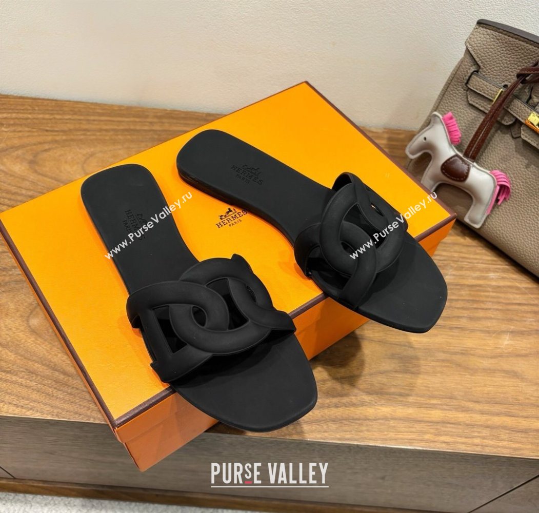 Hermes Chaine dAncre Rubber Flat Thong Slides Sandal Black 2025 H070803 (XC-250708029)