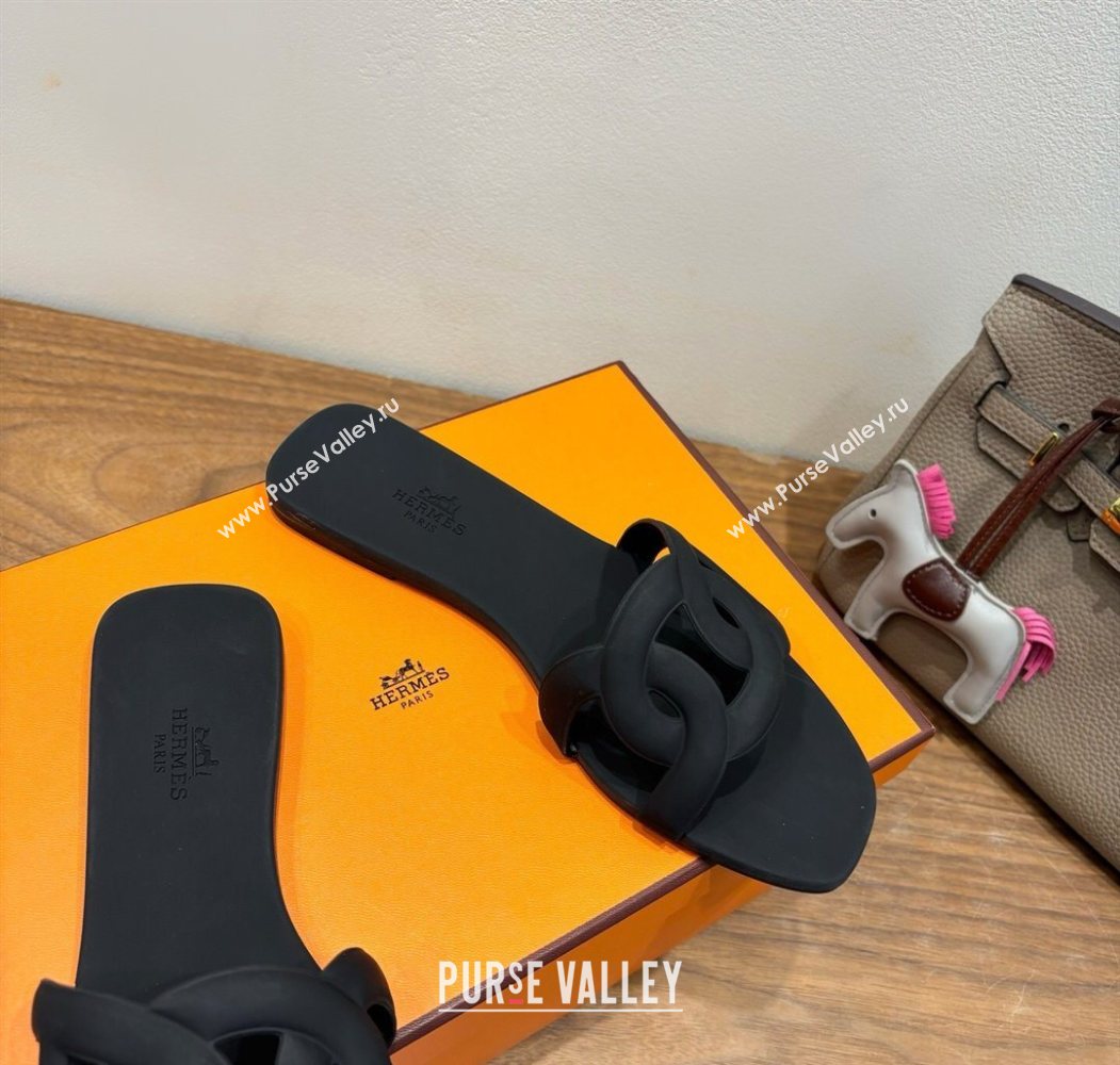 Hermes Chaine dAncre Rubber Flat Thong Slides Sandal Black 2025 H070803 (XC-250708029)