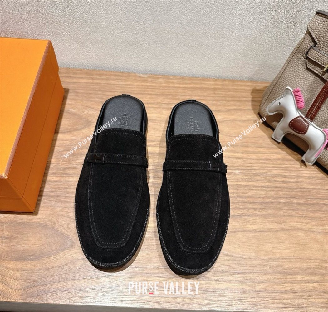 Hermes Likely Flat Mules in Suede with Mini H Buckle Black 2025 H252805 (XC-250708035)