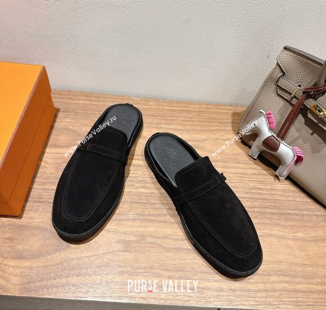 Hermes Likely Flat Mules in Suede with Mini H Buckle Black 2025 H252805 (XC-250708035)