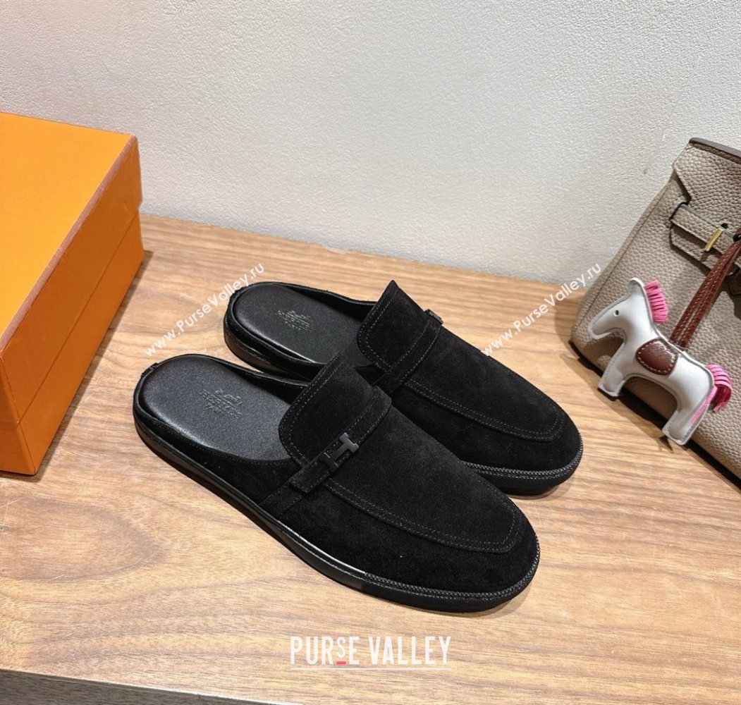 Hermes Likely Flat Mules in Suede with Mini H Buckle Black 2025 H252805 (XC-250708035)