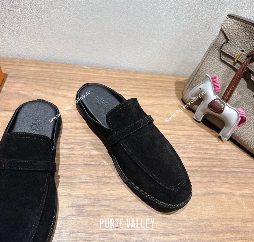 Hermes Likely Flat Mules in Suede with Mini H Buckle Black 2025 H252805 (XC-250708035)