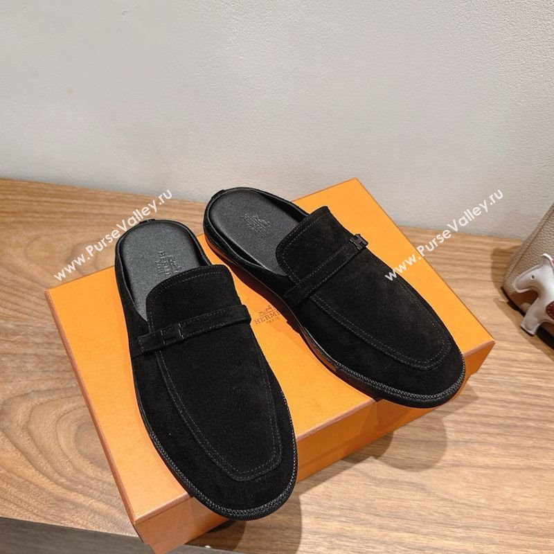 Hermes Likely Flat Mules in Suede with Mini H Buckle Black 2025 H252805 (XC-250708035)