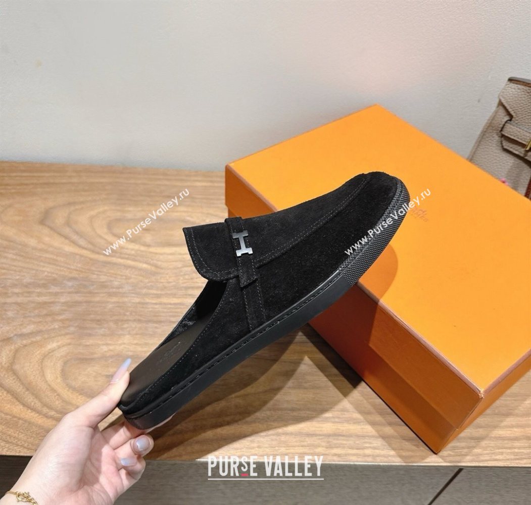 Hermes Likely Flat Mules in Suede with Mini H Buckle Black 2025 H252805 (XC-250708035)
