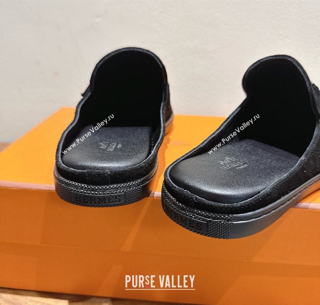 Hermes Likely Flat Mules in Suede with Mini H Buckle Black 2025 H252805 (XC-250708035)