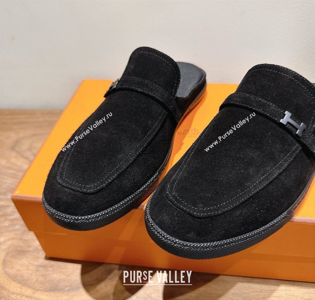 Hermes Likely Flat Mules in Suede with Mini H Buckle Black 2025 H252805 (XC-250708035)