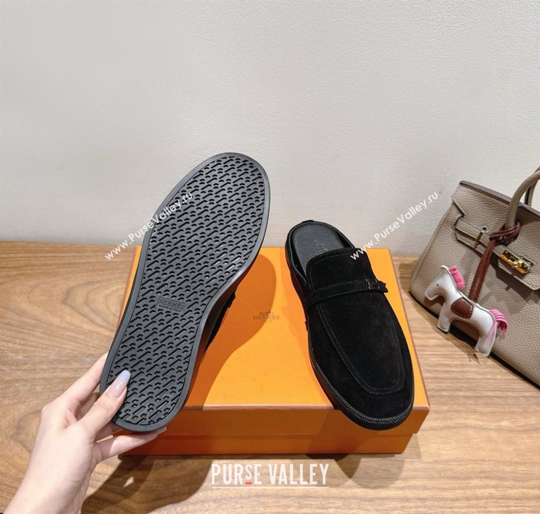 Hermes Likely Flat Mules in Suede with Mini H Buckle Black 2025 H252805 (XC-250708035)