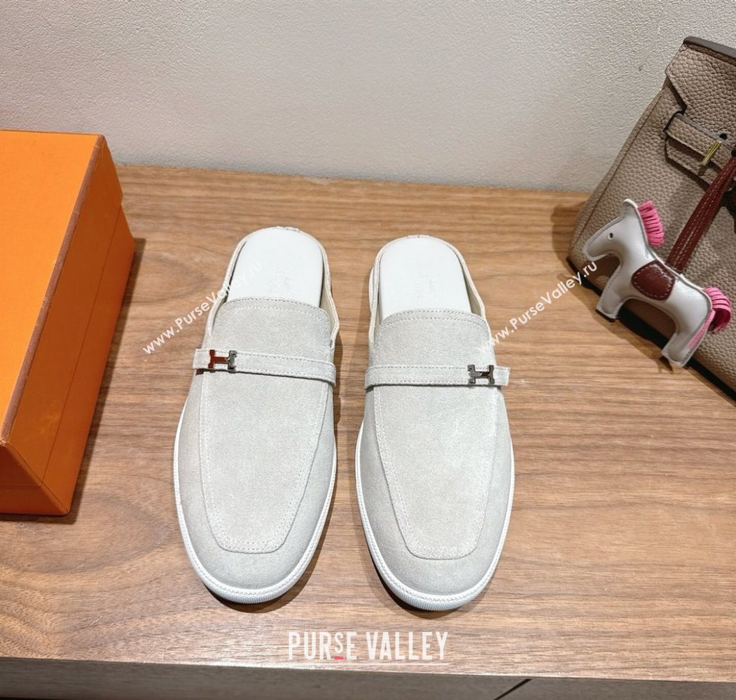 Hermes Likely Flat Mules in Suede with Mini H Buckle Grey 2025 H252805 (XC-250708036)