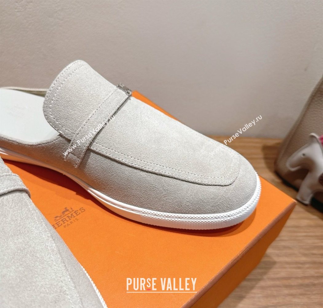 Hermes Likely Flat Mules in Suede with Mini H Buckle Grey 2025 H252805 (XC-250708036)