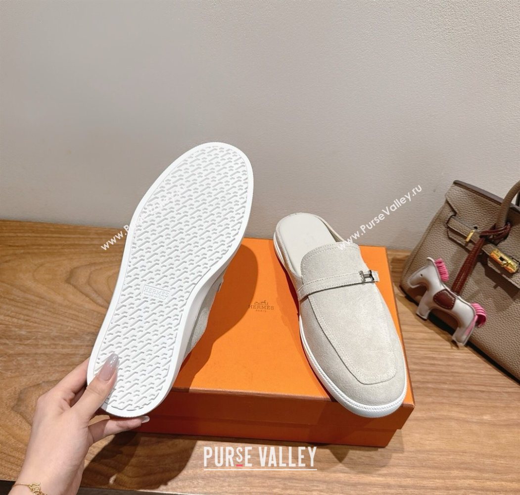 Hermes Likely Flat Mules in Suede with Mini H Buckle Grey 2025 H252805 (XC-250708036)