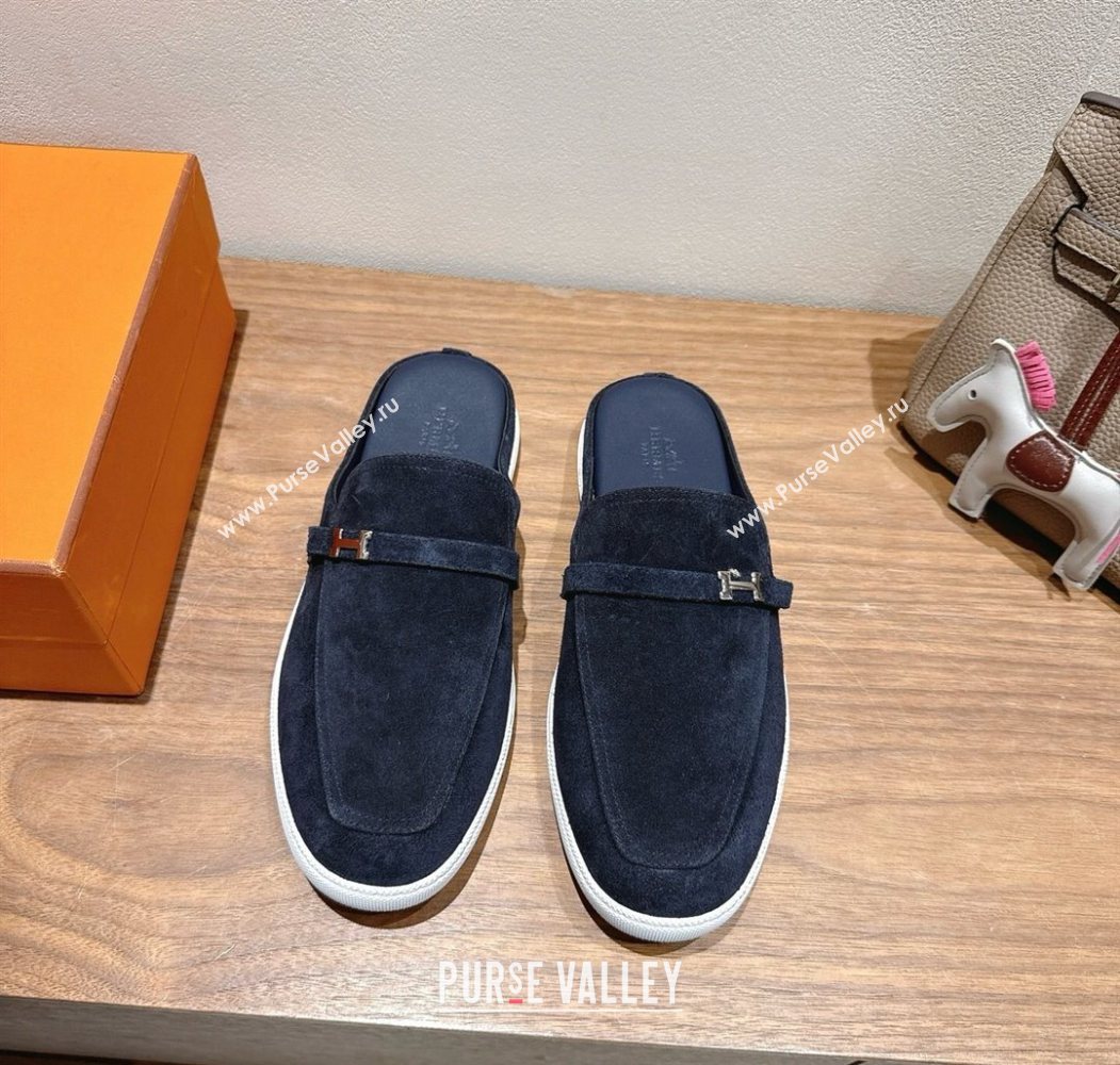 Hermes Likely Flat Mules in Suede with Mini H Buckle Dark Blue 2025 H252805 (XC-250708037)