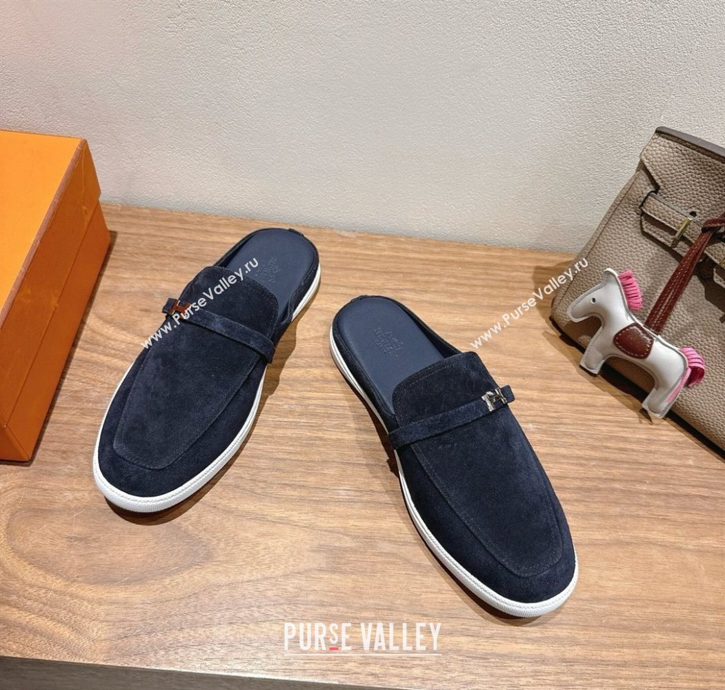 Hermes Likely Flat Mules in Suede with Mini H Buckle Dark Blue 2025 H252805 (XC-250708037)