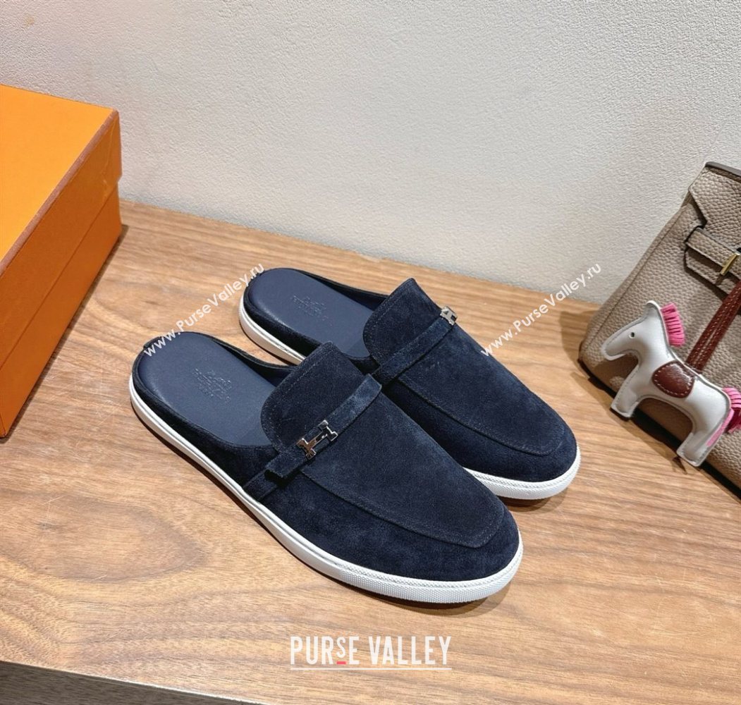 Hermes Likely Flat Mules in Suede with Mini H Buckle Dark Blue 2025 H252805 (XC-250708037)