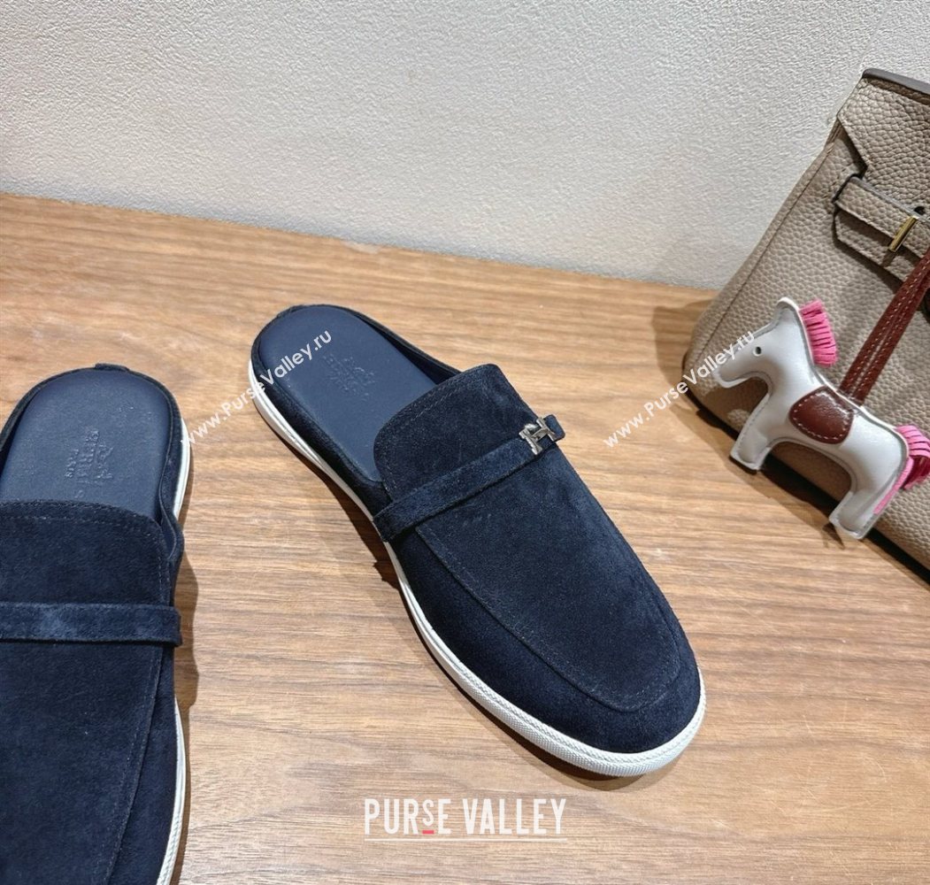 Hermes Likely Flat Mules in Suede with Mini H Buckle Dark Blue 2025 H252805 (XC-250708037)