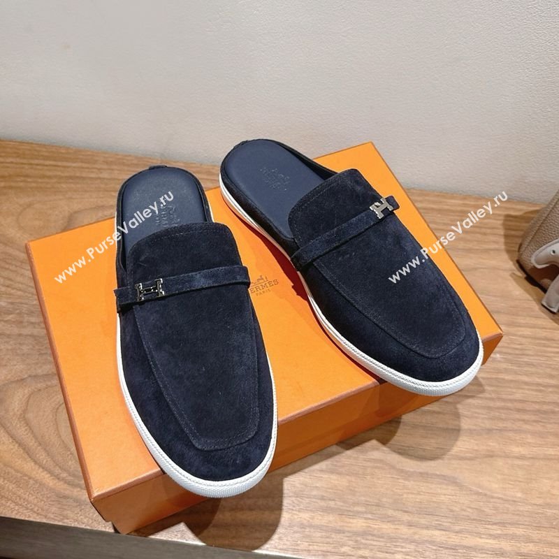 Hermes Likely Flat Mules in Suede with Mini H Buckle Dark Blue 2025 H252805 (XC-250708037)