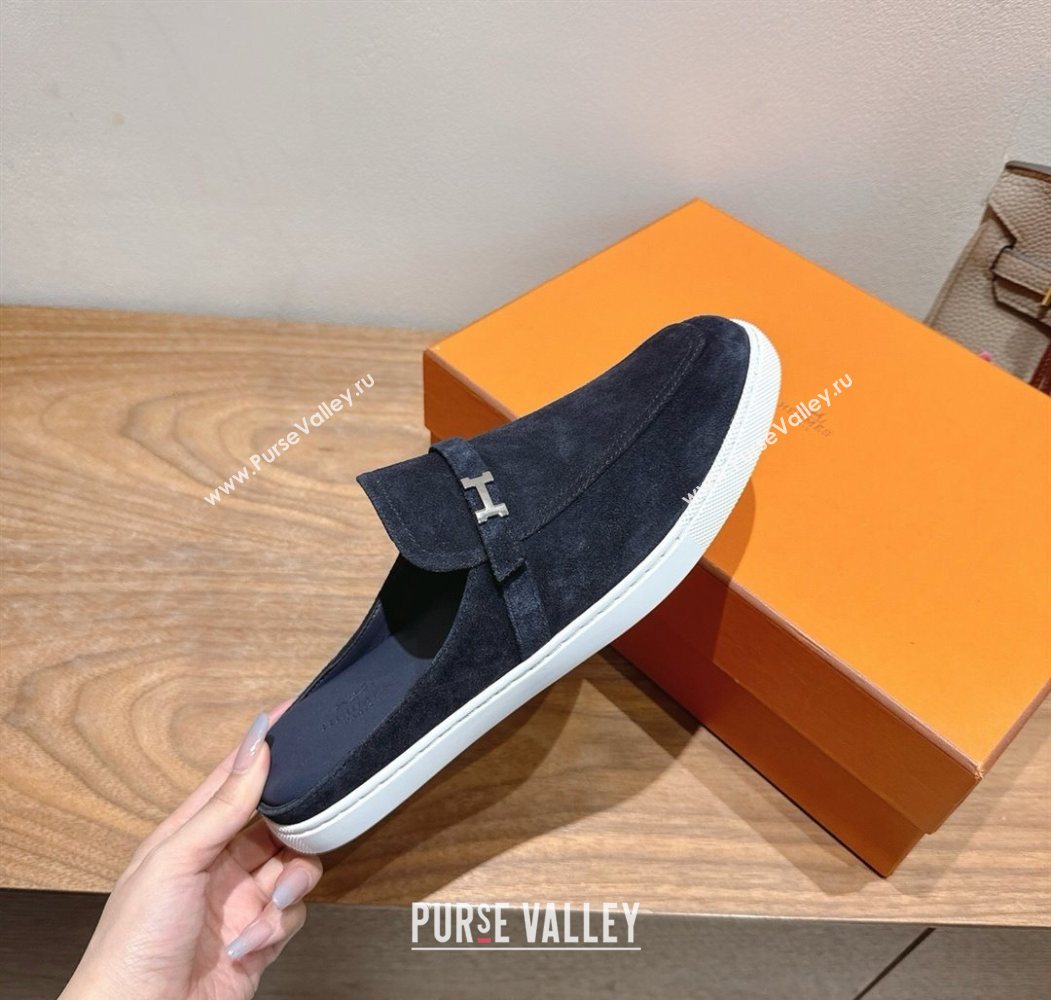 Hermes Likely Flat Mules in Suede with Mini H Buckle Dark Blue 2025 H252805 (XC-250708037)