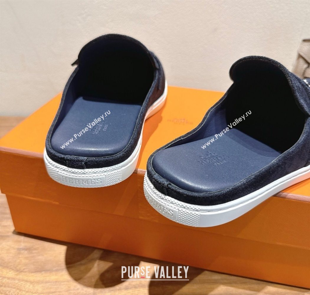 Hermes Likely Flat Mules in Suede with Mini H Buckle Dark Blue 2025 H252805 (XC-250708037)