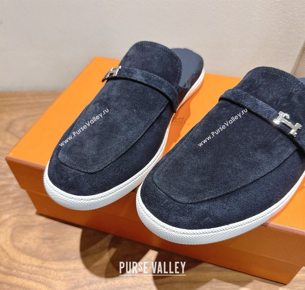 Hermes Likely Flat Mules in Suede with Mini H Buckle Dark Blue 2025 H252805 (XC-250708037)