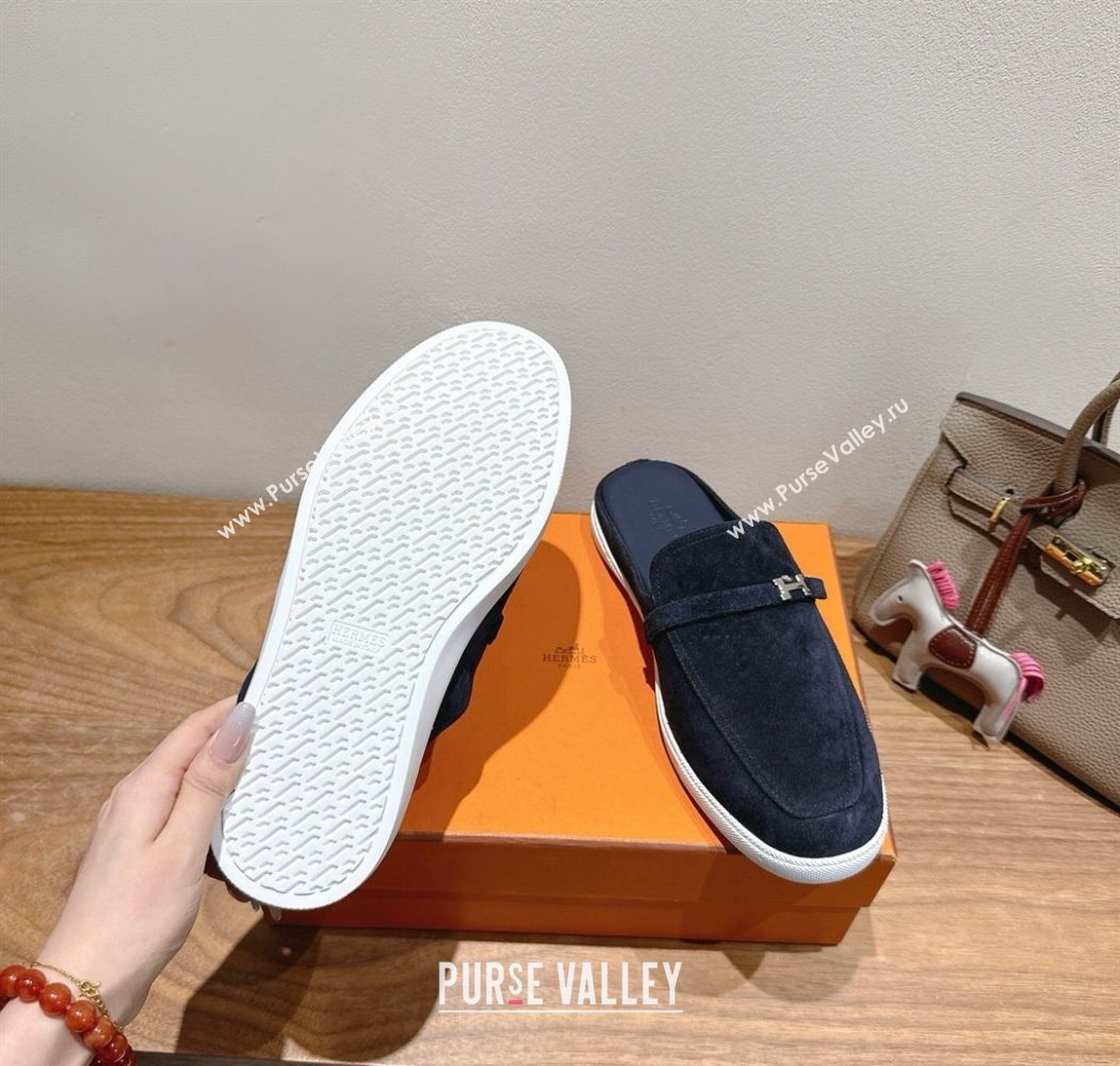 Hermes Likely Flat Mules in Suede with Mini H Buckle Dark Blue 2025 H252805 (XC-250708037)