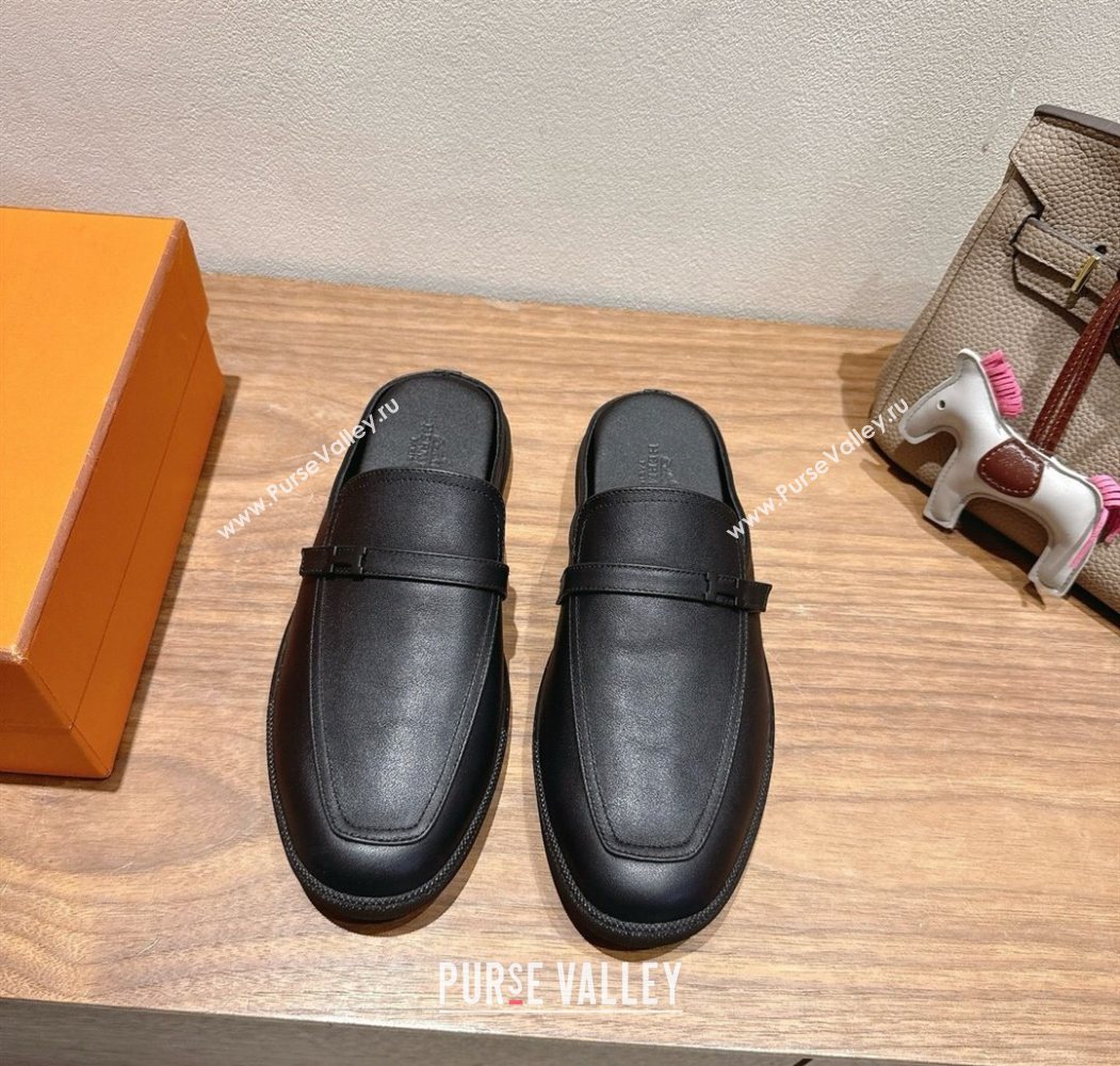 Hermes Likely Flat Mules in Grained Calfskin with Mini H Buckle All Black 2025 H252805 (XC-250708038)