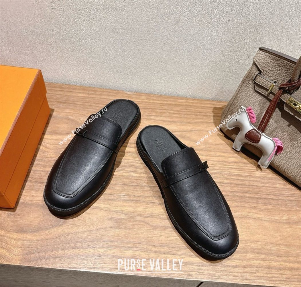 Hermes Likely Flat Mules in Grained Calfskin with Mini H Buckle All Black 2025 H252805 (XC-250708038)