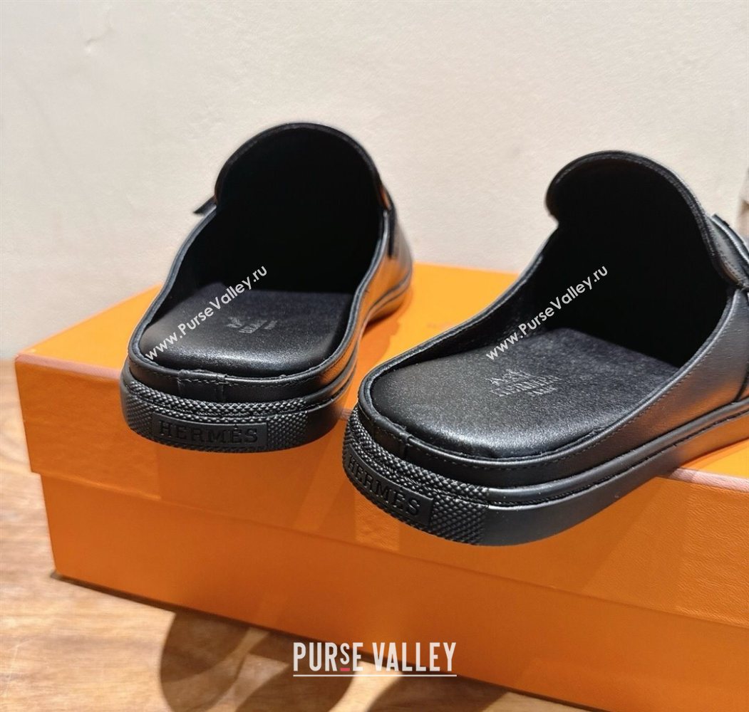 Hermes Likely Flat Mules in Grained Calfskin with Mini H Buckle All Black 2025 H252805 (XC-250708038)