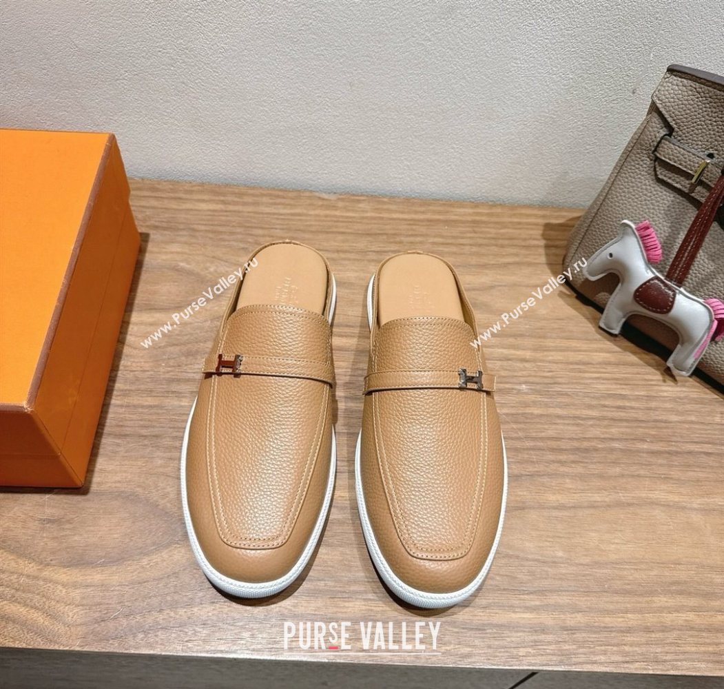 Hermes Likely Flat Mules in Grained Calfskin with Mini H Buckle Dark Beige 2025 H252805 (XC-250708039)