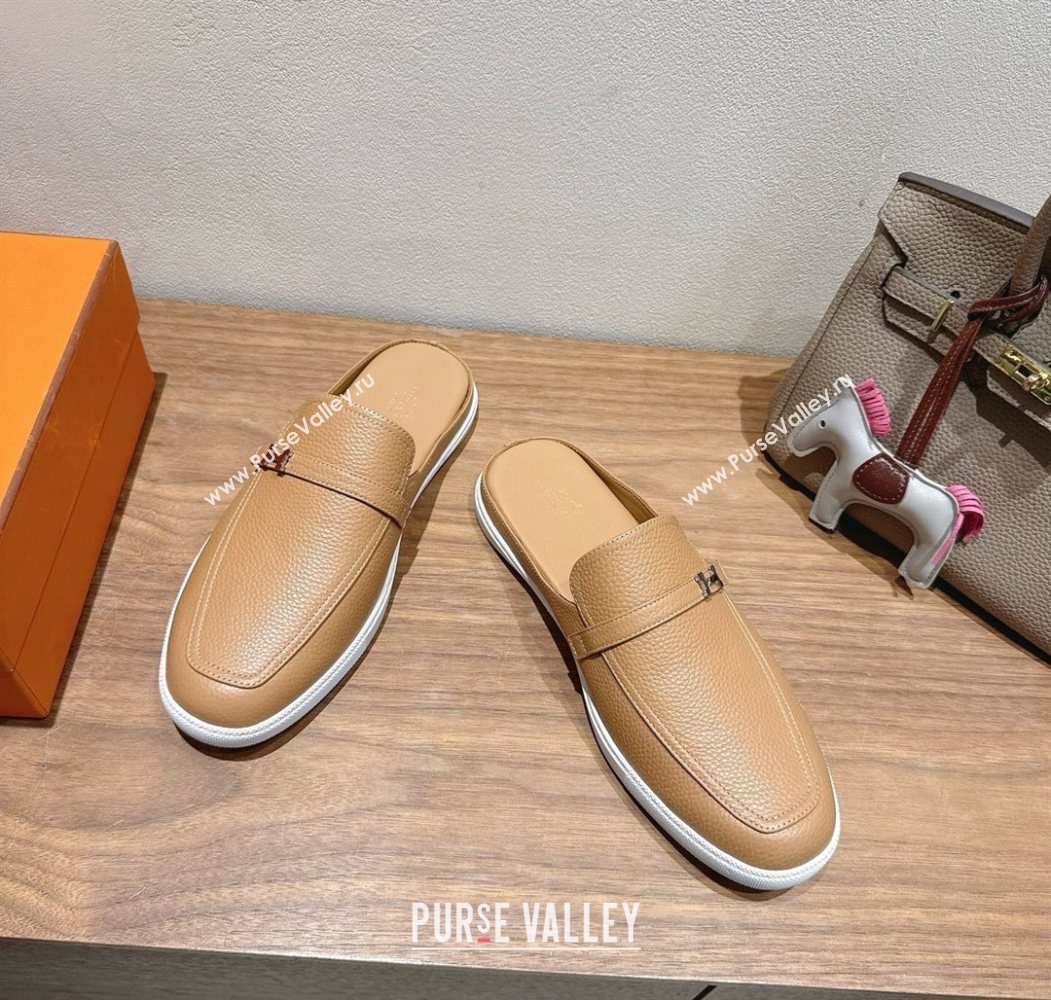 Hermes Likely Flat Mules in Grained Calfskin with Mini H Buckle Dark Beige 2025 H252805 (XC-250708039)