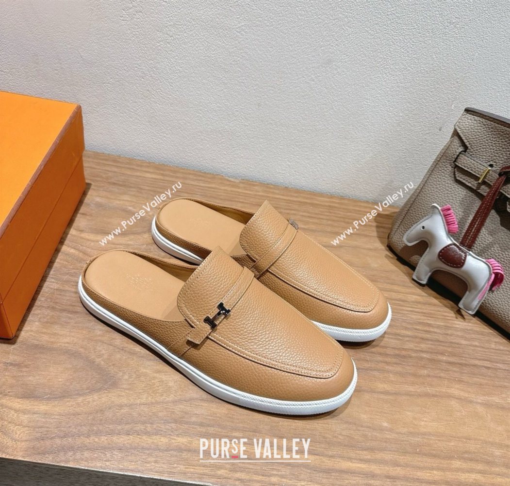 Hermes Likely Flat Mules in Grained Calfskin with Mini H Buckle Dark Beige 2025 H252805 (XC-250708039)