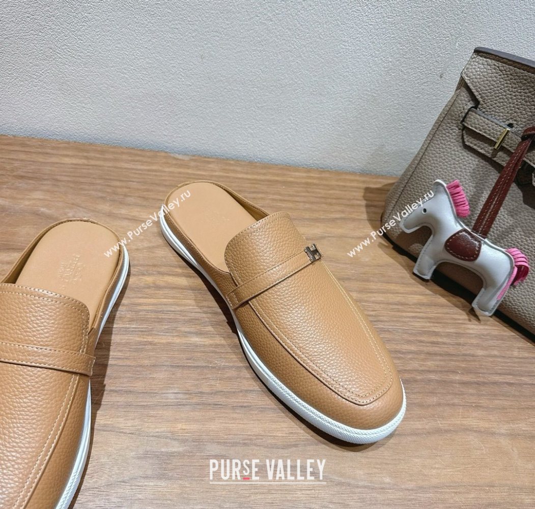 Hermes Likely Flat Mules in Grained Calfskin with Mini H Buckle Dark Beige 2025 H252805 (XC-250708039)