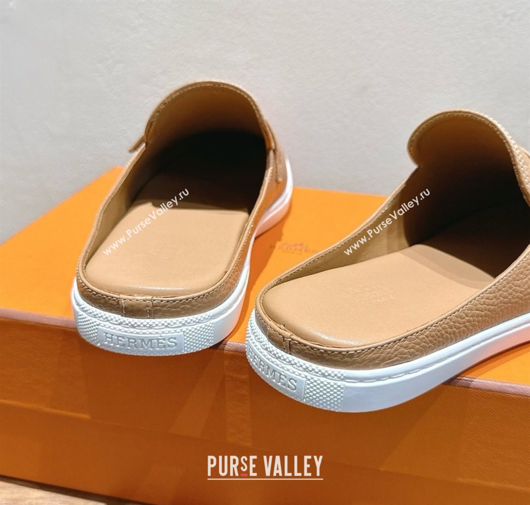 Hermes Likely Flat Mules in Grained Calfskin with Mini H Buckle Dark Beige 2025 H252805 (XC-250708039)