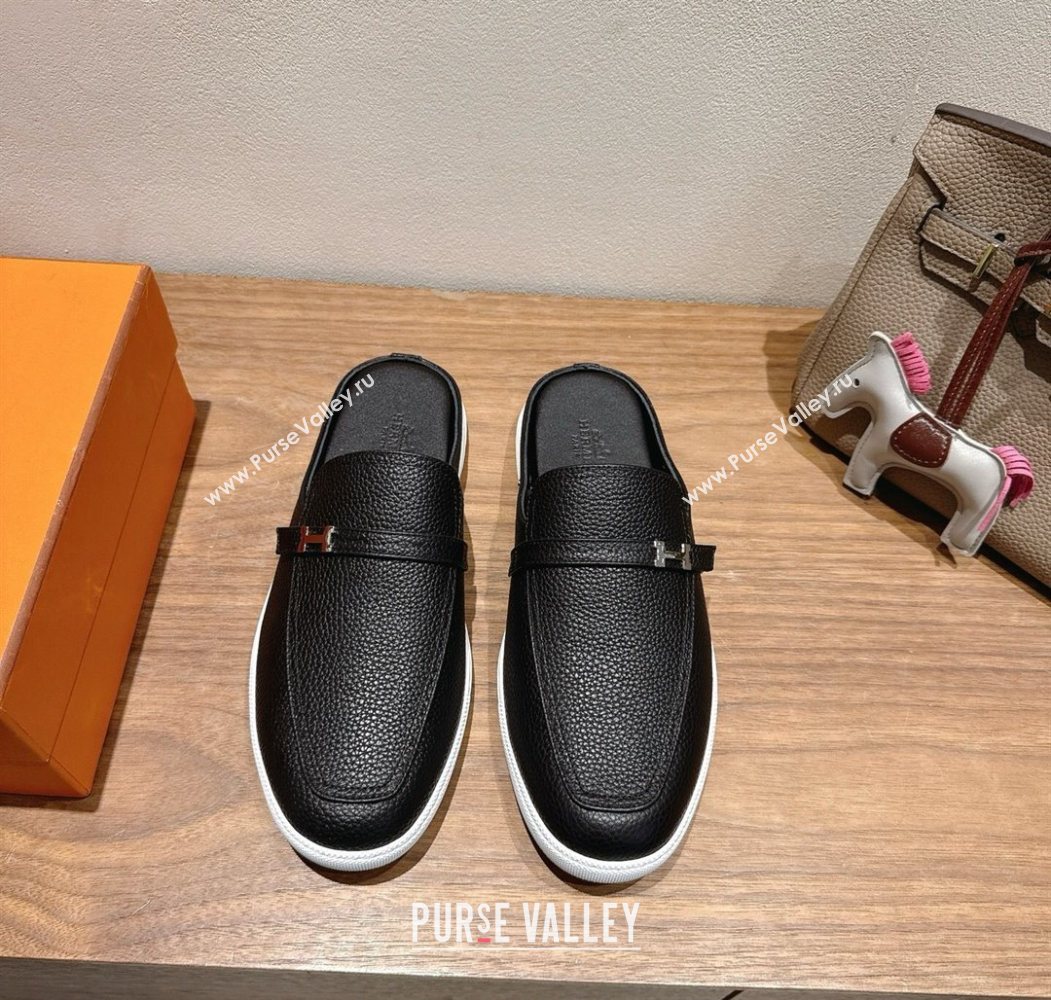 Hermes Likely Flat Mules in Grained Calfskin with Mini H Buckle Black Upper 2025 H252805 (XC-250708040)