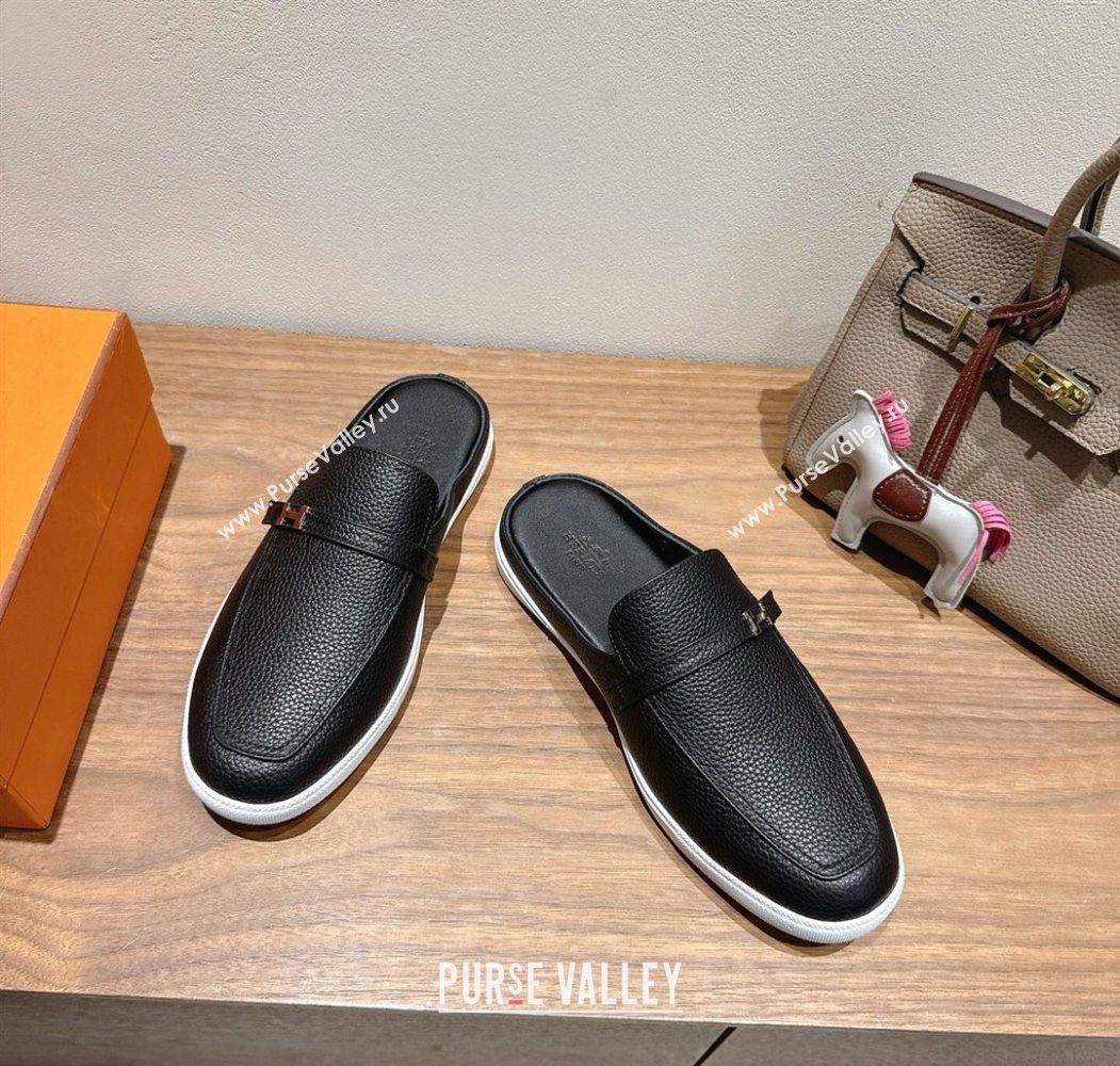 Hermes Likely Flat Mules in Grained Calfskin with Mini H Buckle Black Upper 2025 H252805 (XC-250708040)