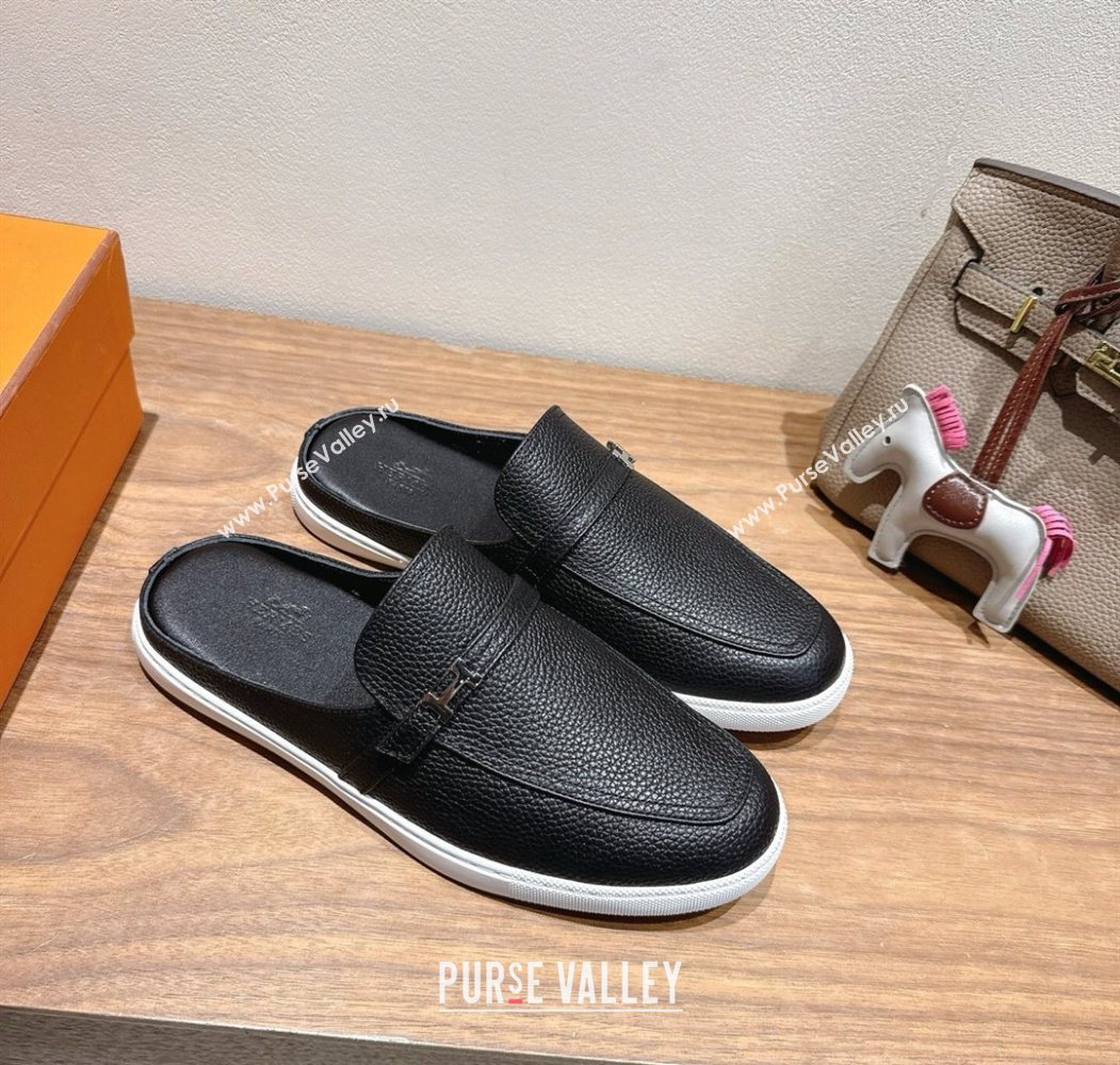 Hermes Likely Flat Mules in Grained Calfskin with Mini H Buckle Black Upper 2025 H252805 (XC-250708040)