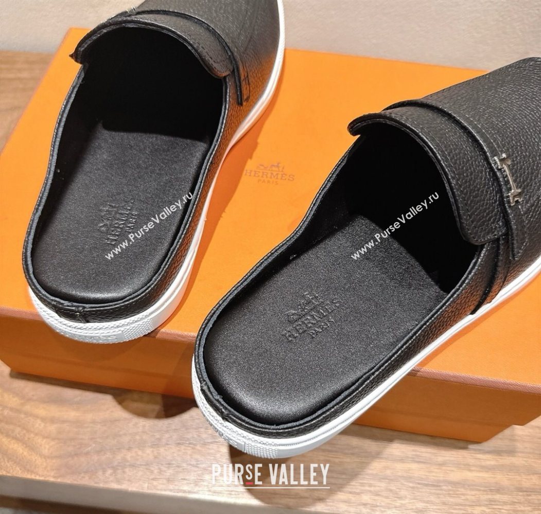 Hermes Likely Flat Mules in Grained Calfskin with Mini H Buckle Black Upper 2025 H252805 (XC-250708040)