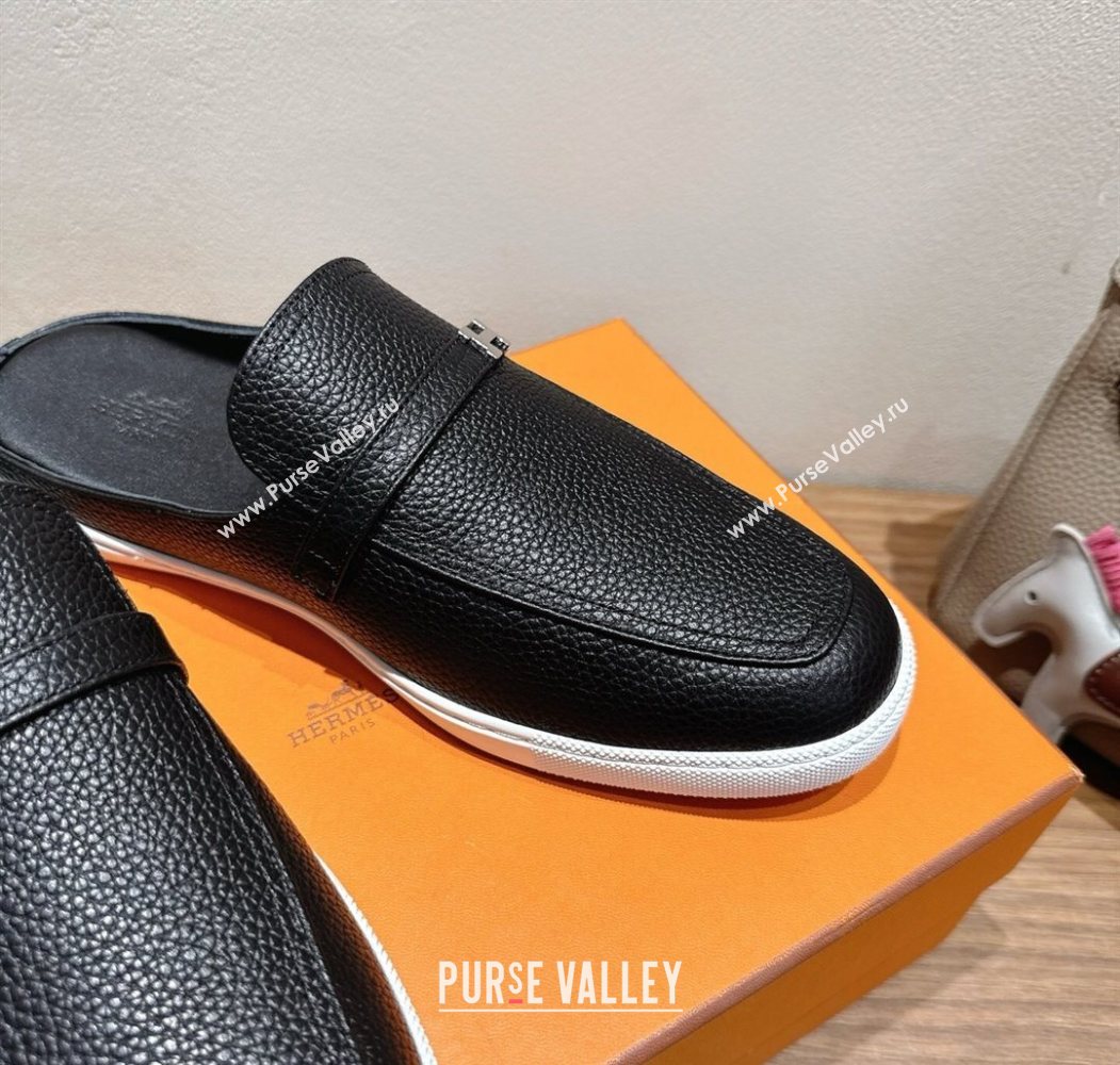 Hermes Likely Flat Mules in Grained Calfskin with Mini H Buckle Black Upper 2025 H252805 (XC-250708040)