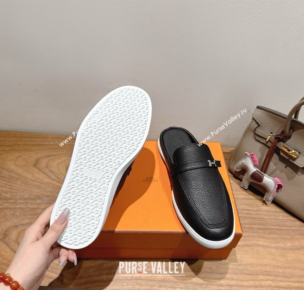Hermes Likely Flat Mules in Grained Calfskin with Mini H Buckle Black Upper 2025 H252805 (XC-250708040)