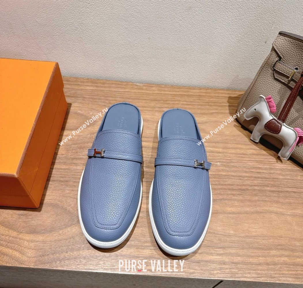 Hermes Likely Flat Mules in Grained Calfskin with Mini H Buckle Blue 2025 H252805 (XC-250708042)