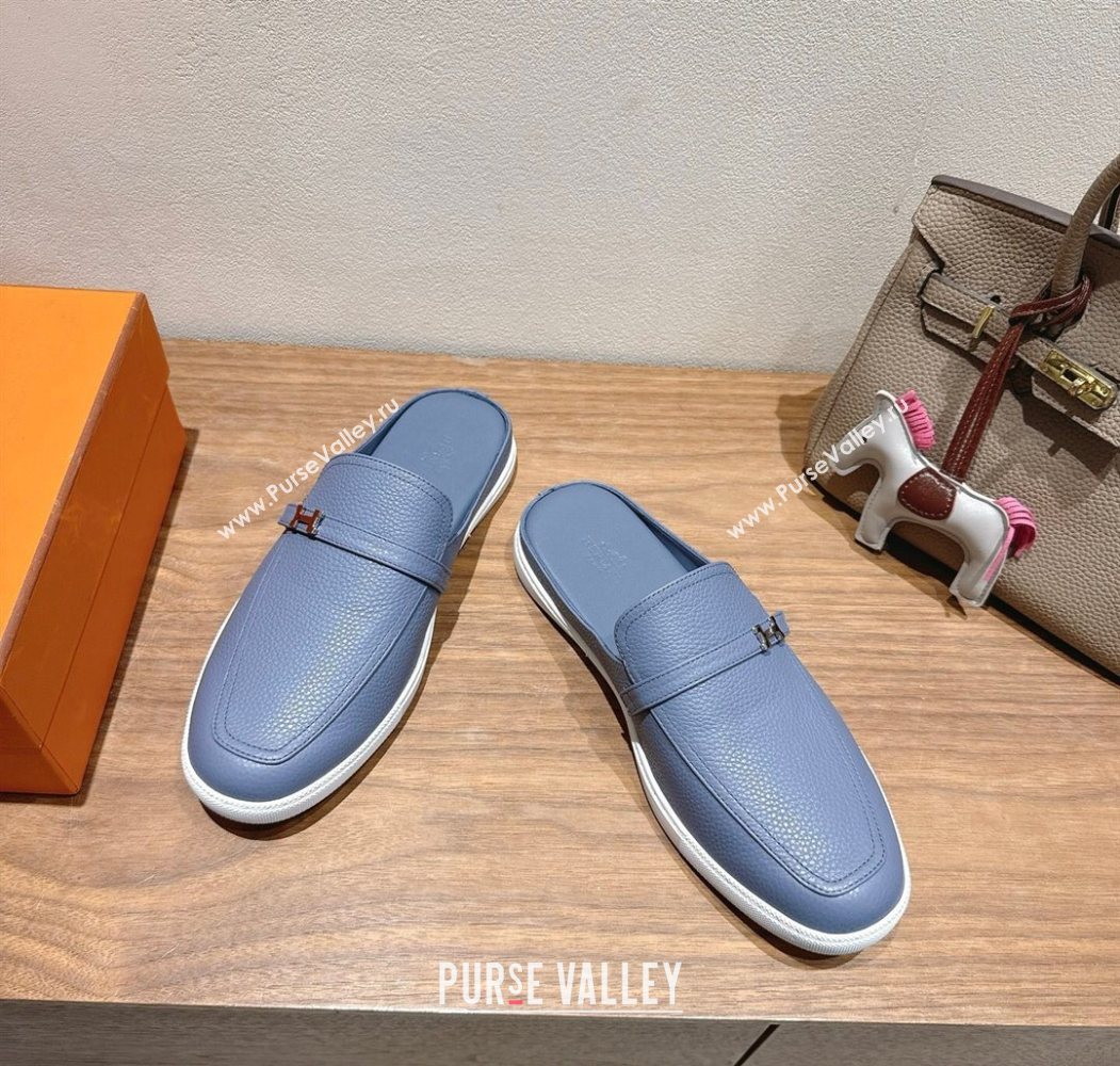 Hermes Likely Flat Mules in Grained Calfskin with Mini H Buckle Blue 2025 H252805 (XC-250708042)