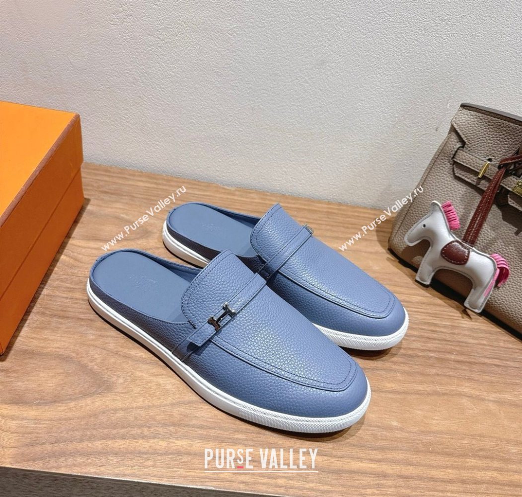 Hermes Likely Flat Mules in Grained Calfskin with Mini H Buckle Blue 2025 H252805 (XC-250708042)