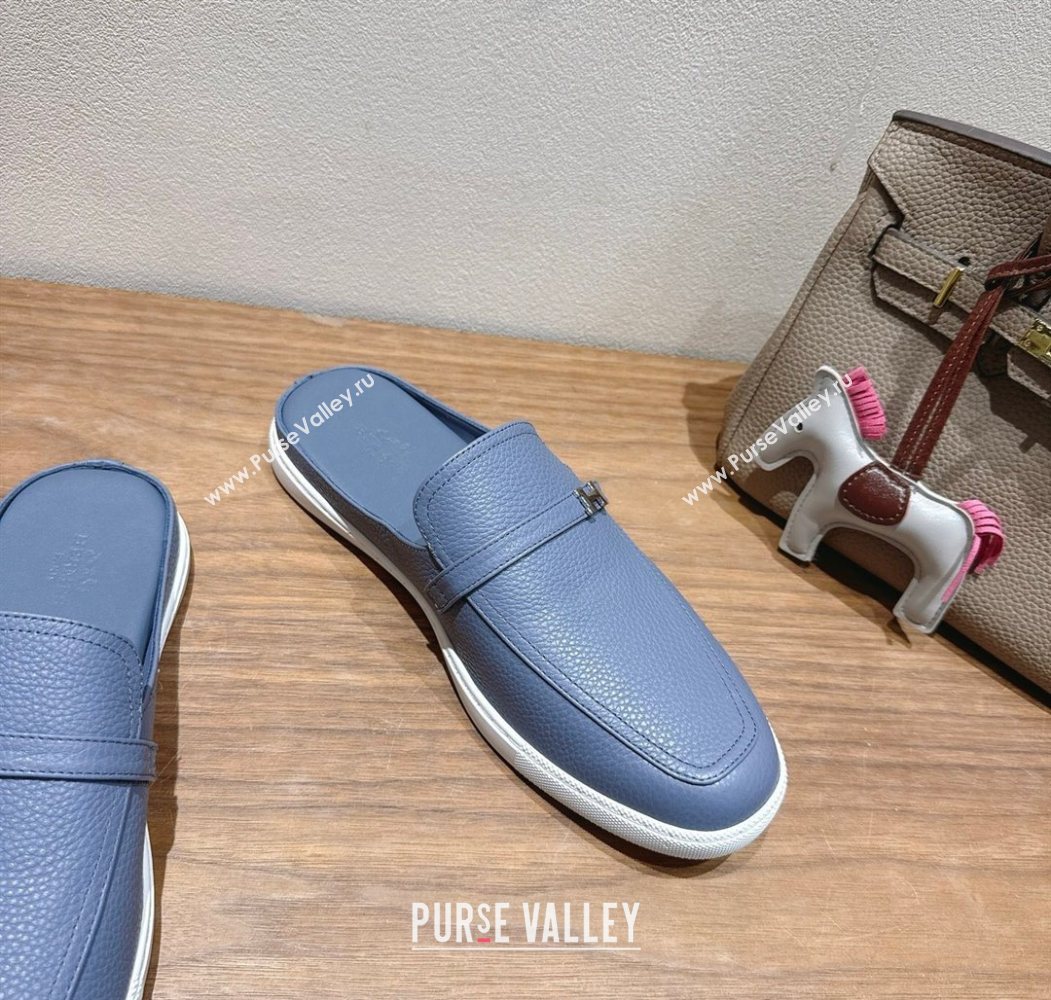 Hermes Likely Flat Mules in Grained Calfskin with Mini H Buckle Blue 2025 H252805 (XC-250708042)